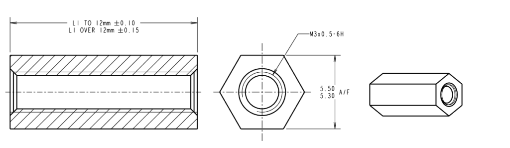 brass hex clearance spacers drawing