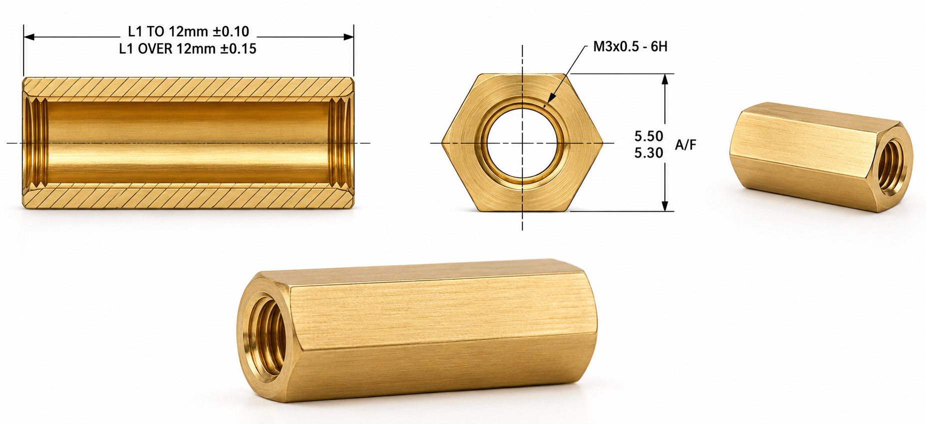 brass hex clearance spacers drawing
